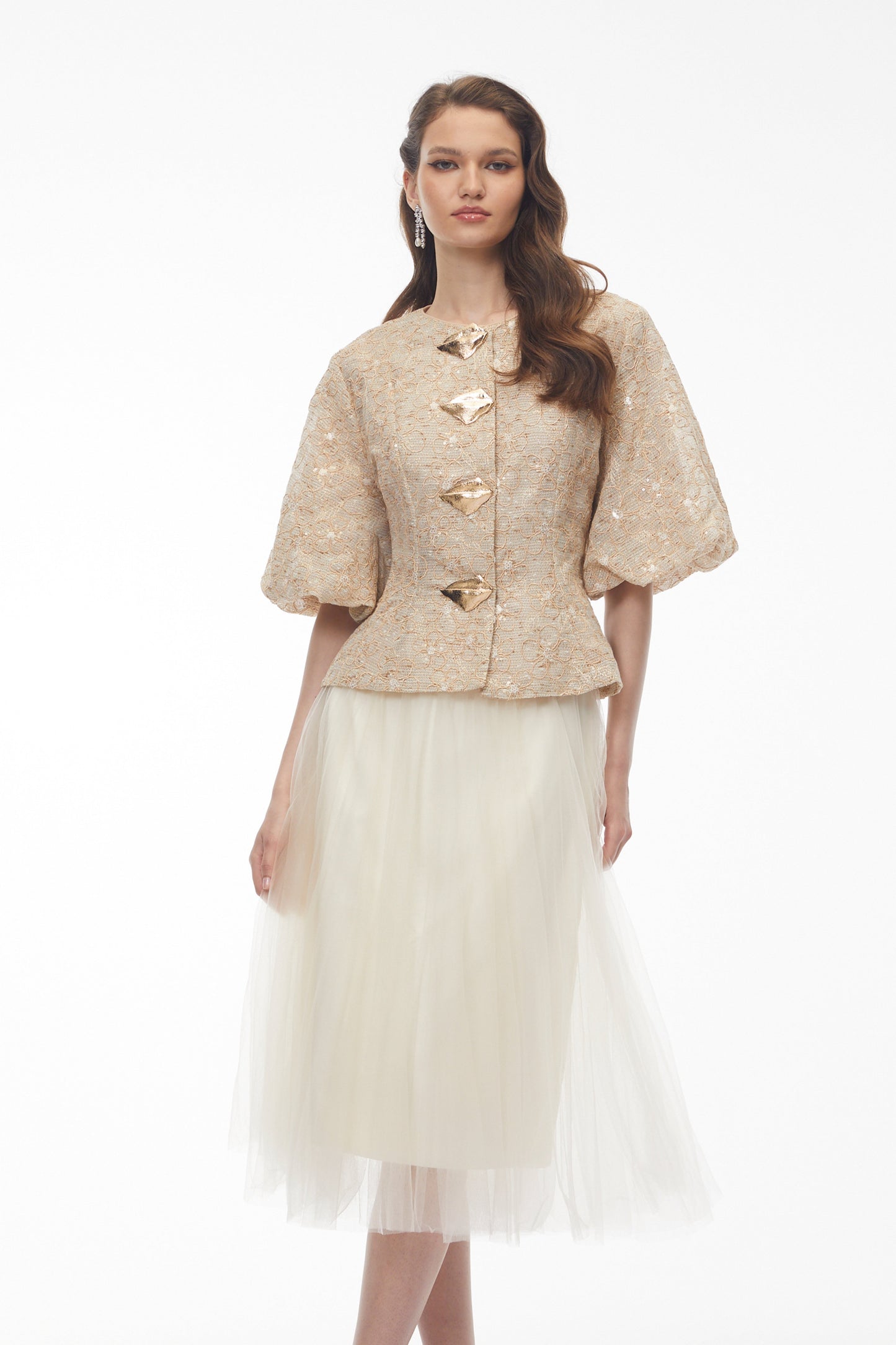 Clara Champagne Floral Embroidered Peplum Jacket