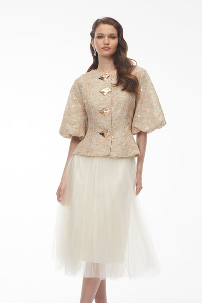 Clara Champagne Floral Embroidered Peplum Jacket