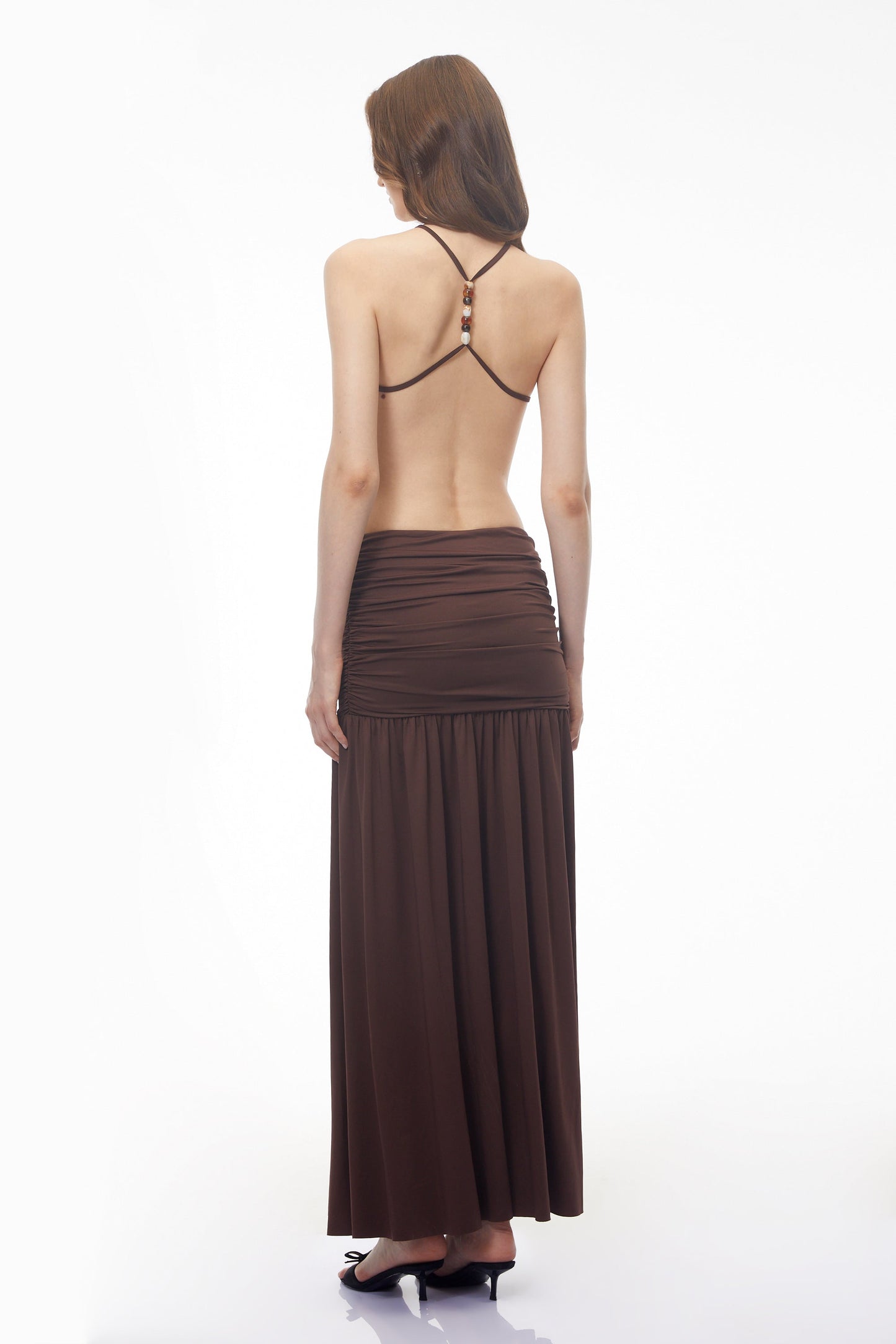 Claudia Brown Halterneck Ruched Maxi Dress