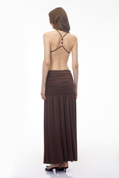 Claudia Brown Halterneck Ruched Maxi Dress