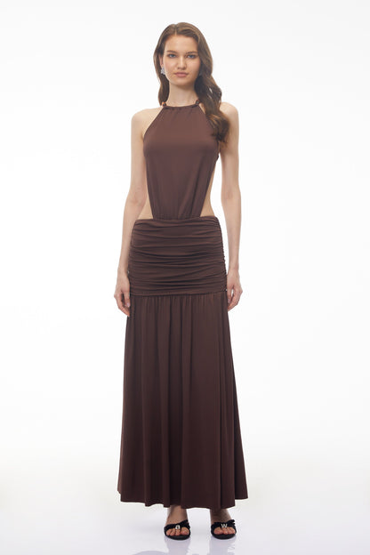 Claudia Brown Halterneck Ruched Maxi Dress