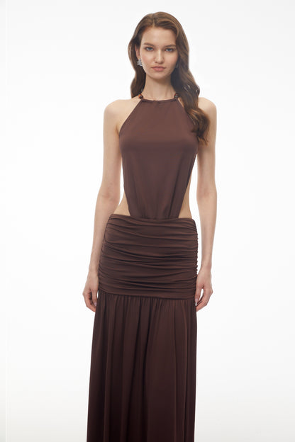 Claudia Brown Halterneck Ruched Maxi Dress