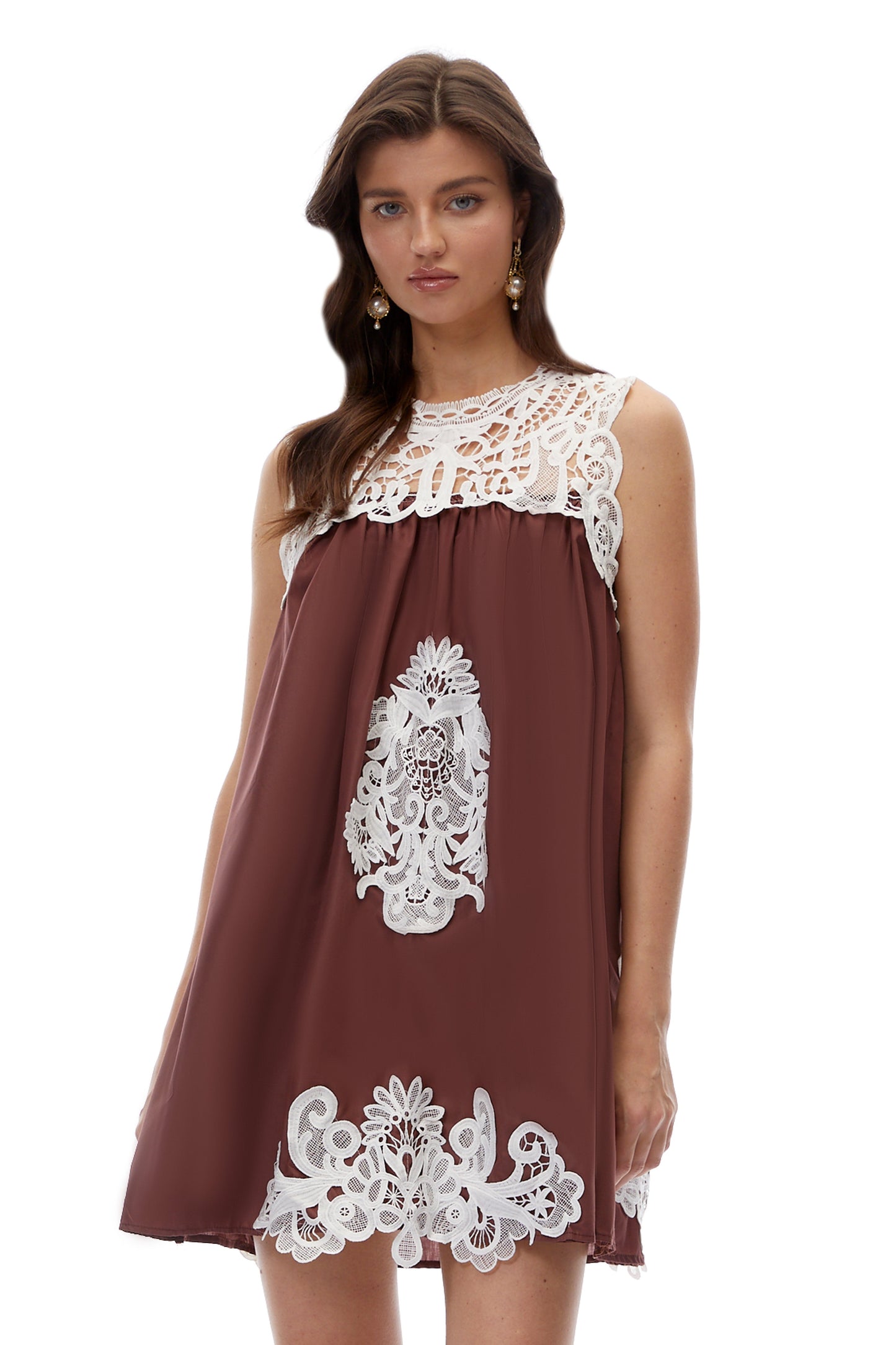 Clementine Chocolate Brown Cut-Out Mini Dress with Lace Panels