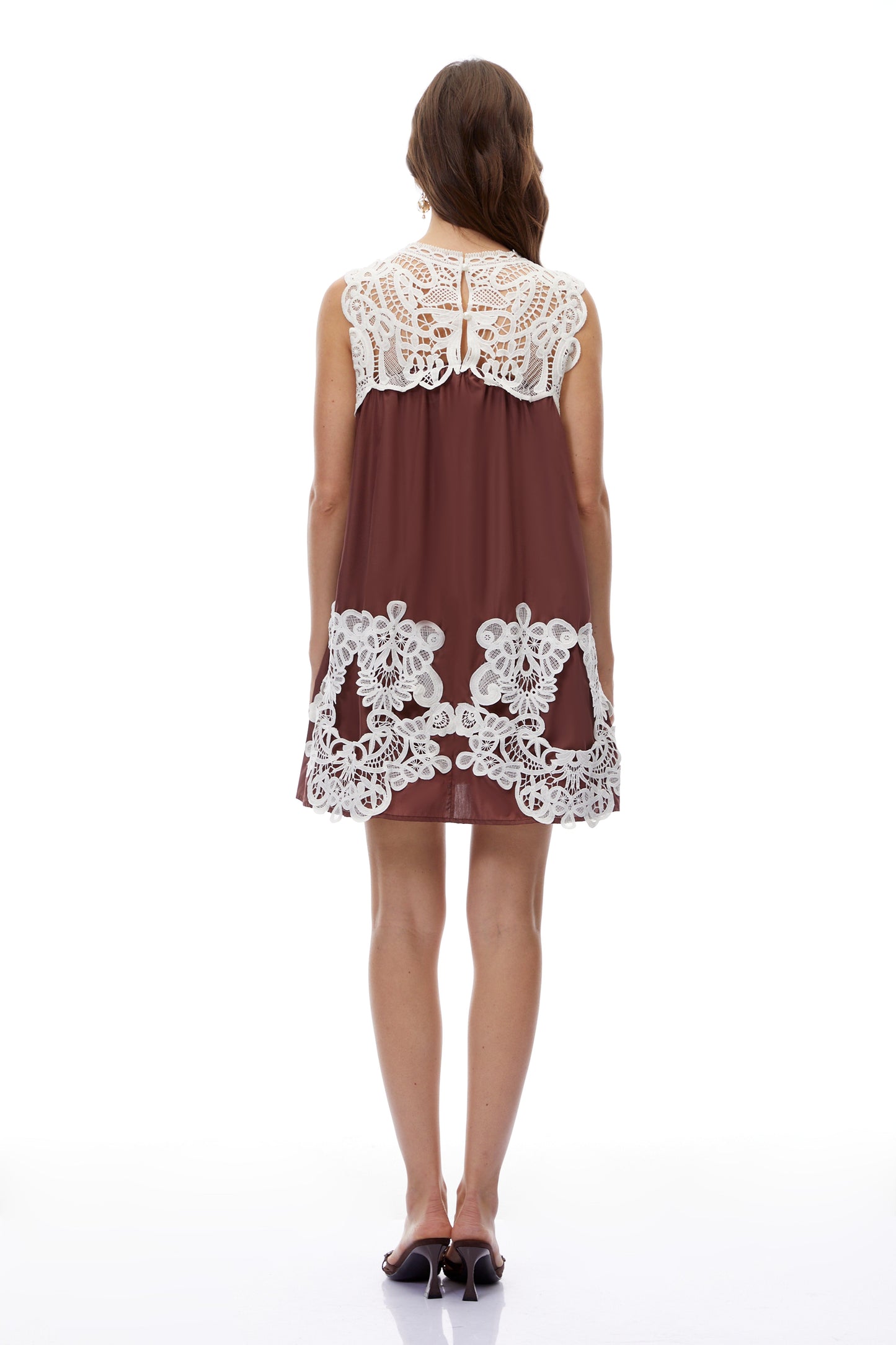 Clementine Chocolate Brown Cut-Out Mini Dress with Lace Panels