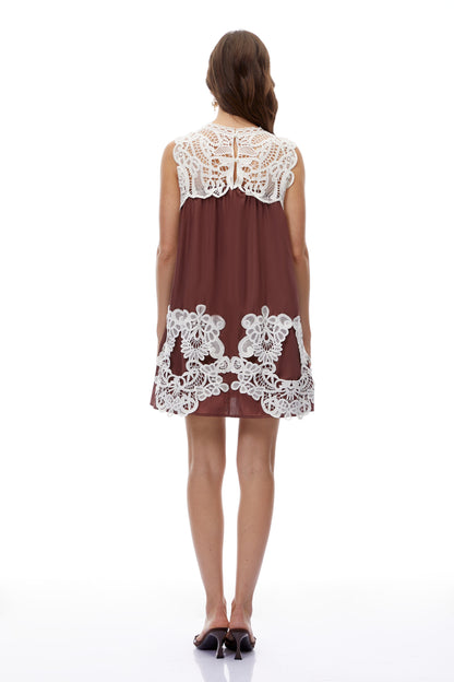 Clementine Chocolate Brown Cut-Out Mini Dress with Lace Panels