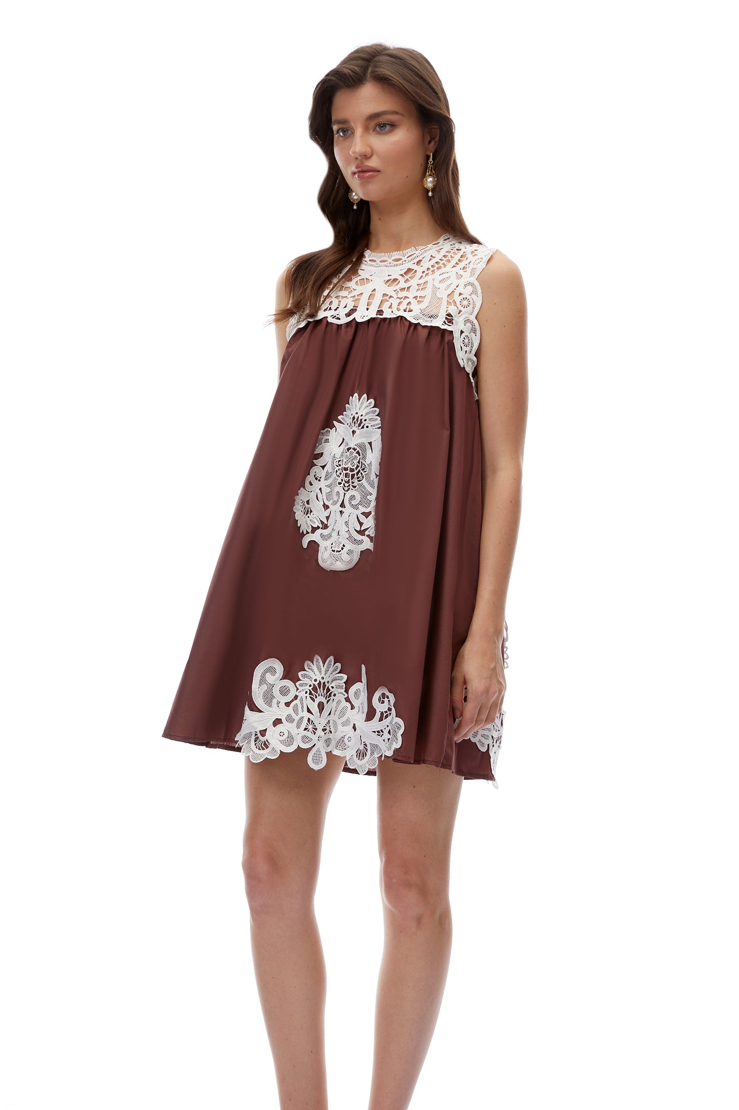 Clementine Chocolate Brown Cut-Out Mini Dress with Lace Panels
