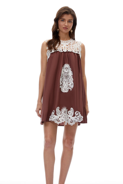 Clementine Chocolate Brown Cut-Out Mini Dress with Lace Panels