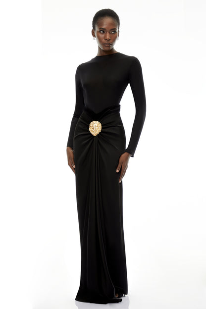 Colette Saten Panelli Siyah Dantelli Maxi Elbise