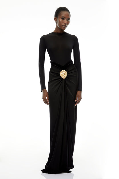 Colette Saten Panelli Siyah Dantelli Maxi Elbise
