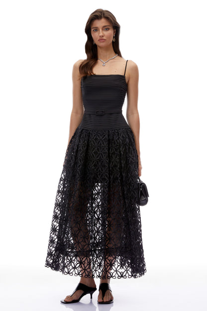 Constance Black Ruched Lace Maxi Dress