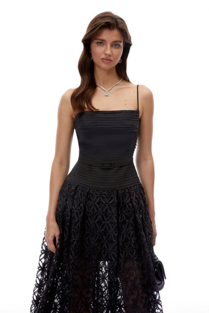 Constance Black Ruched Lace Maxi Dress