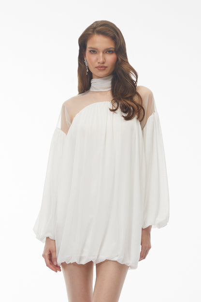 Constance White Tulle Puffball Mini Dress with Ribbon