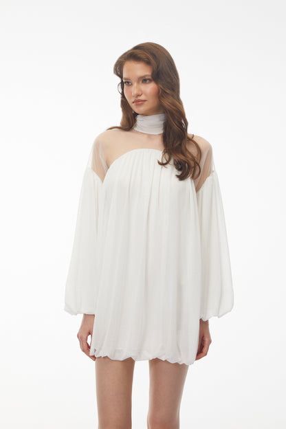 Constance White Tulle Puffball Mini Dress with Ribbon