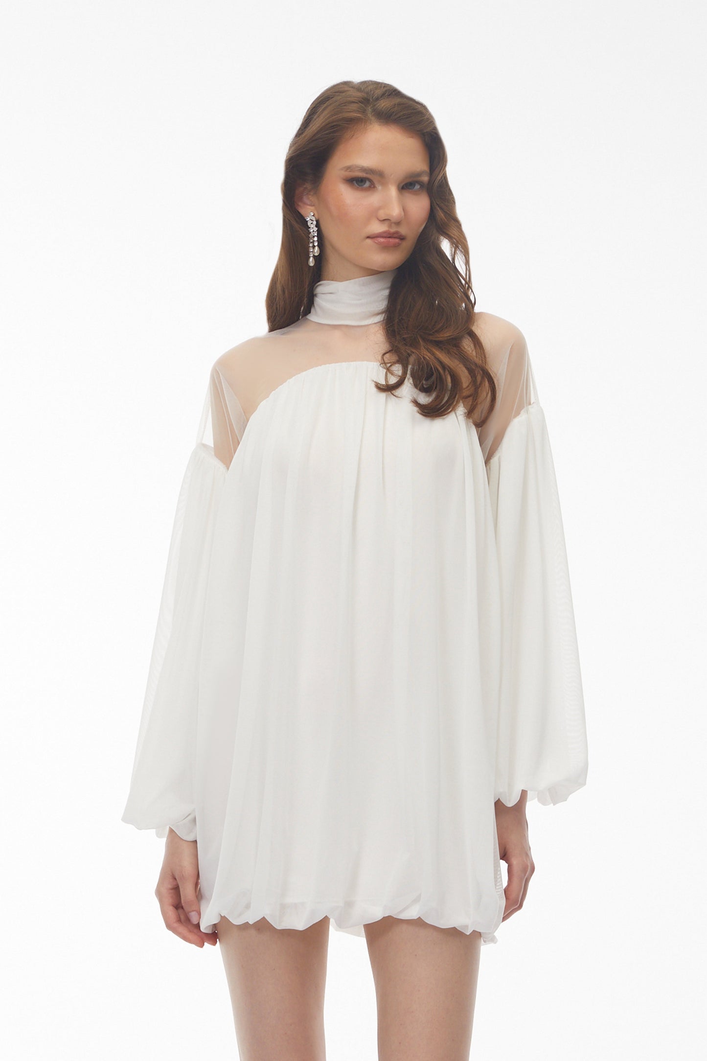 Constance White Tulle Puffball Mini Dress with Ribbon