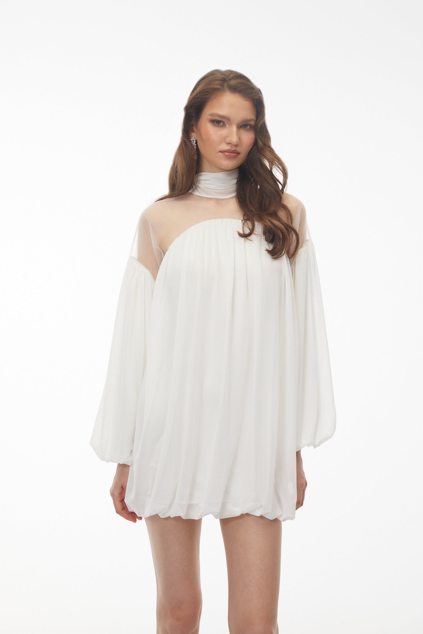 Constance White Tulle Puffball Mini Dress with Ribbon