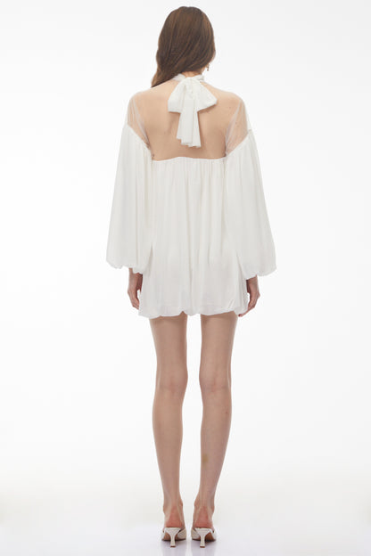 Constance White Tulle Puffball Mini Dress with Ribbon