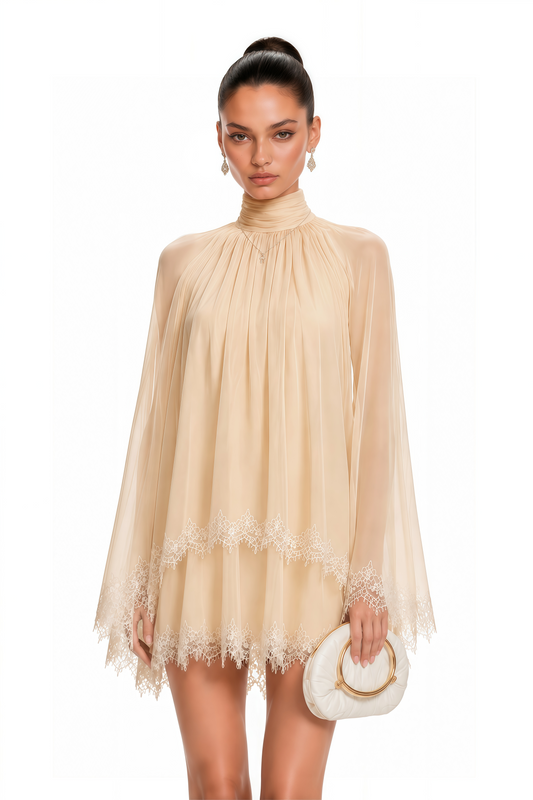 Consuela Neutral Pleated Mini Dress with Lace Trim
