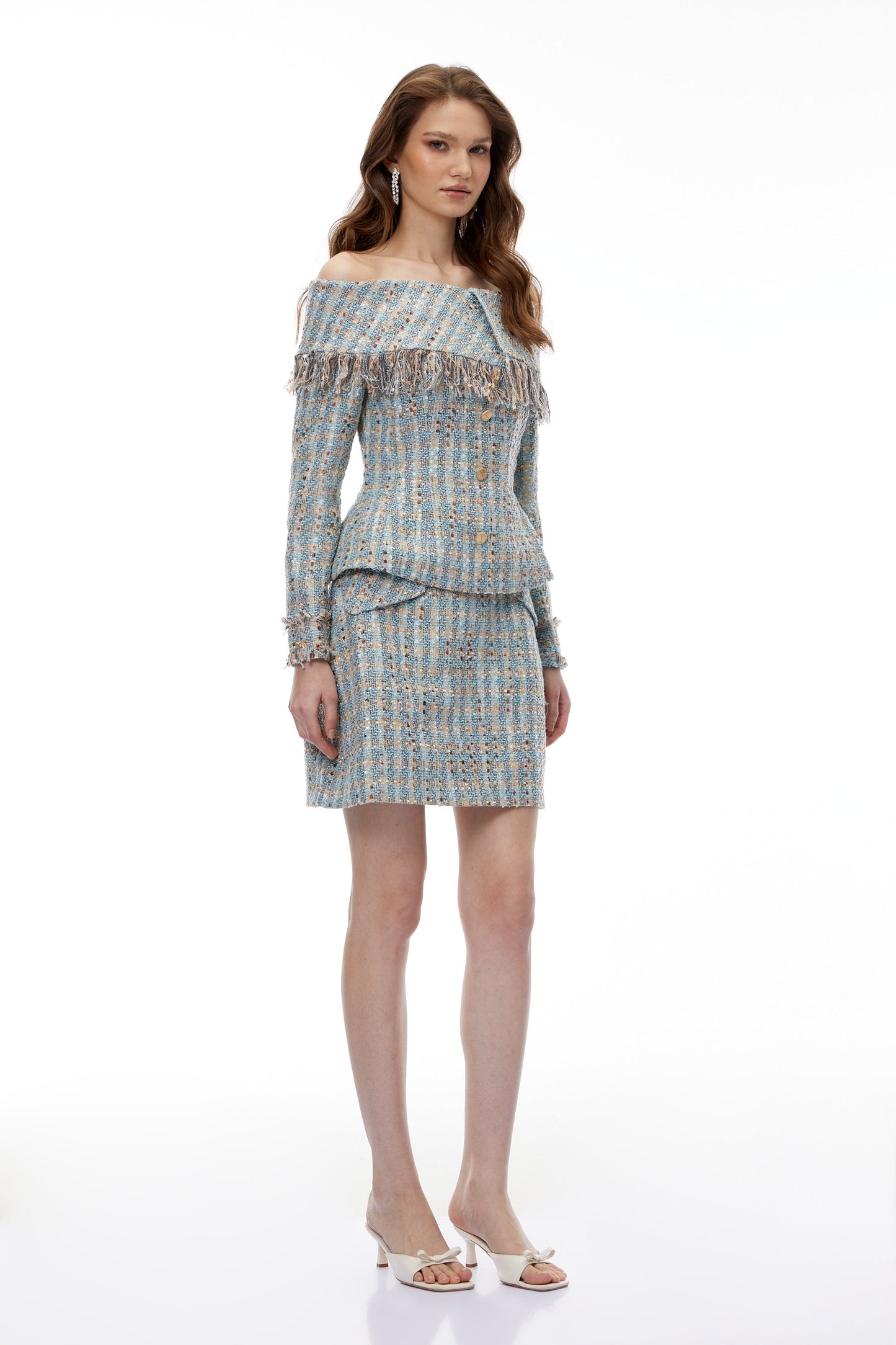 Coraline Blue Off Shoulder Tweed Top & Skirt Set