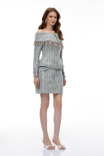 Coraline Blue Off Shoulder Tweed Top & Skirt Set