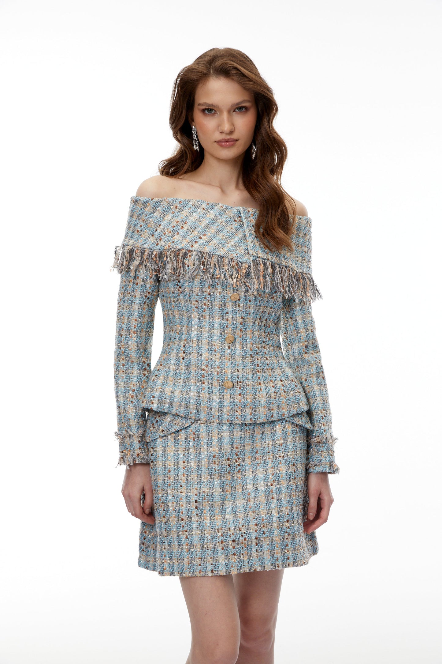 Coraline Blue Off Shoulder Tweed Top & Skirt Set