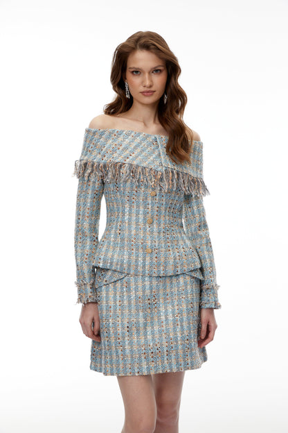 Coraline Blue Off Shoulder Tweed Top & Skirt Set