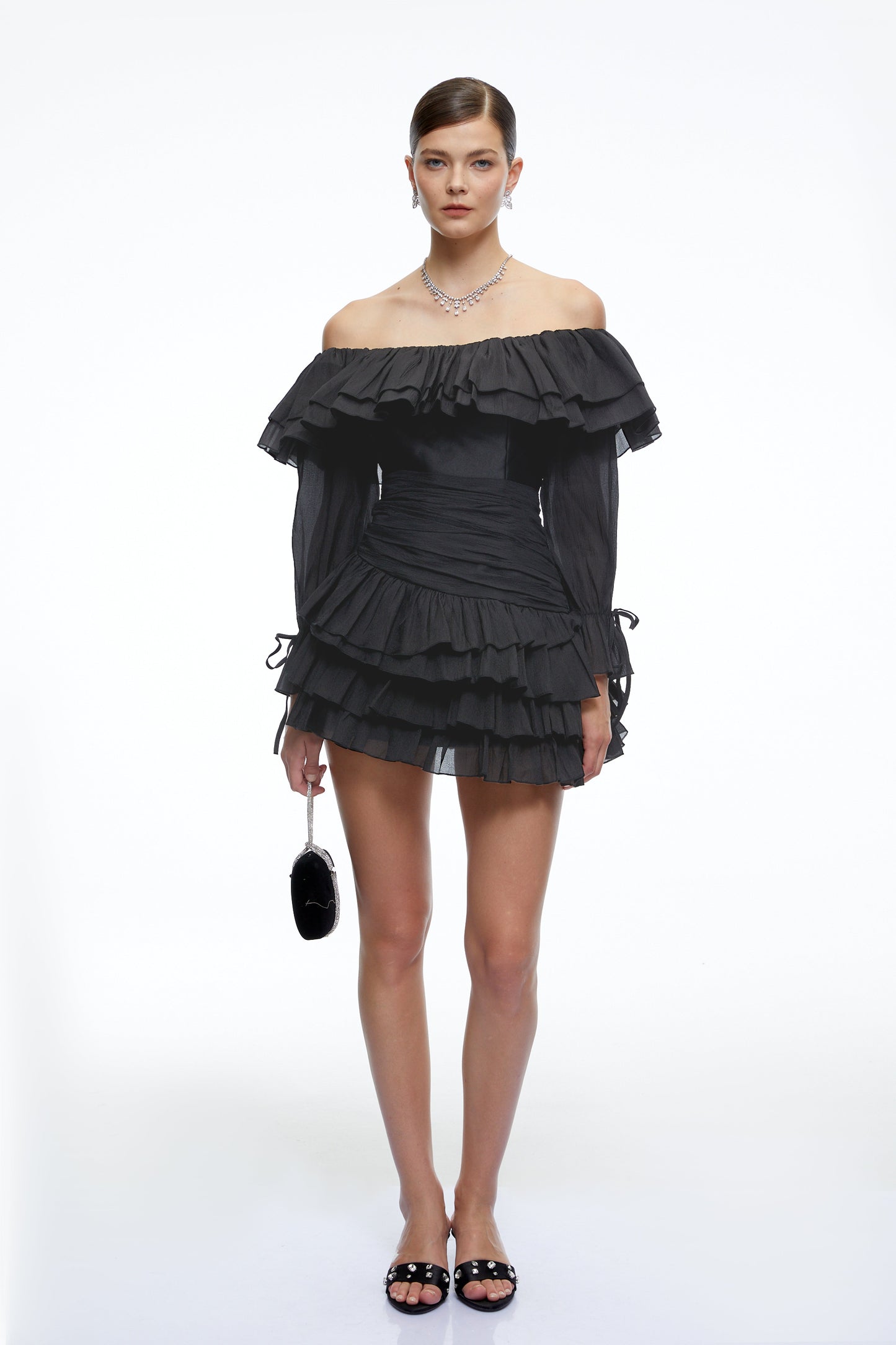 Cordelia Black Off Shoulder Ruffled Mini Dress