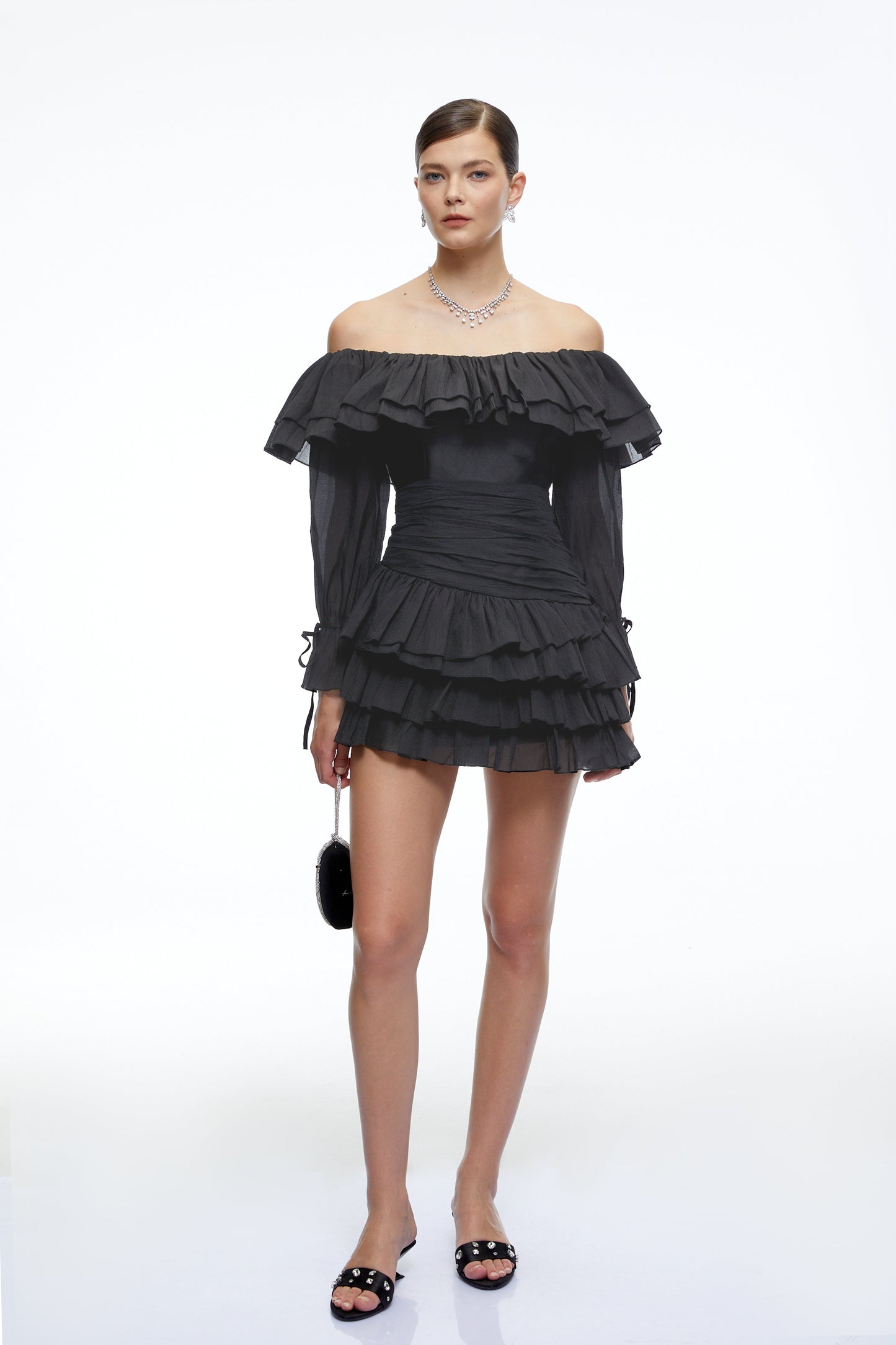 Cordelia Black Off Shoulder Ruffled Mini Dress