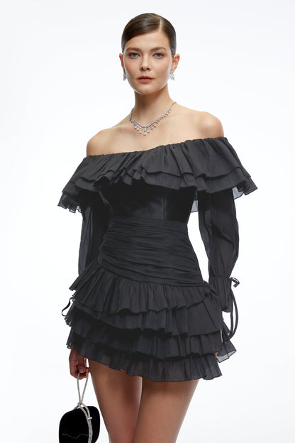 Cordelia Black Off Shoulder Ruffled Mini Dress