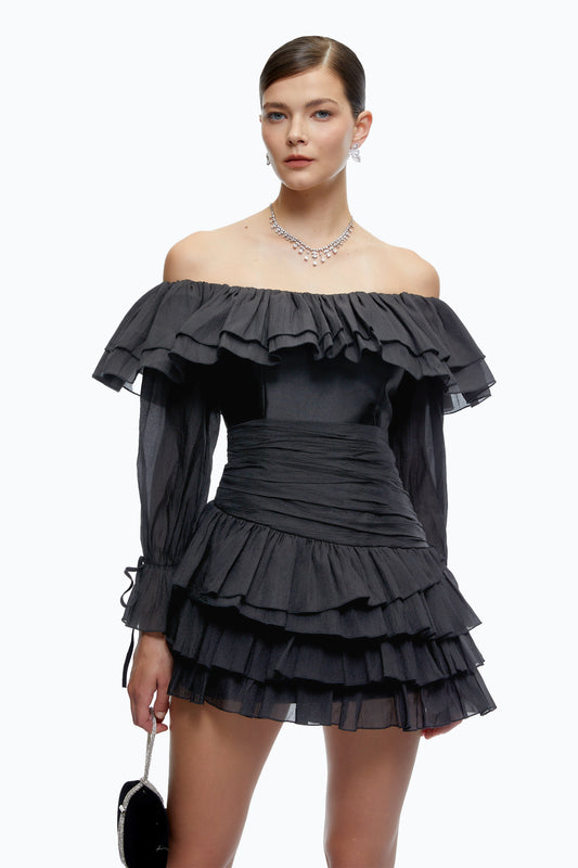 Cordelia Black Off Shoulder Ruffled Mini Dress