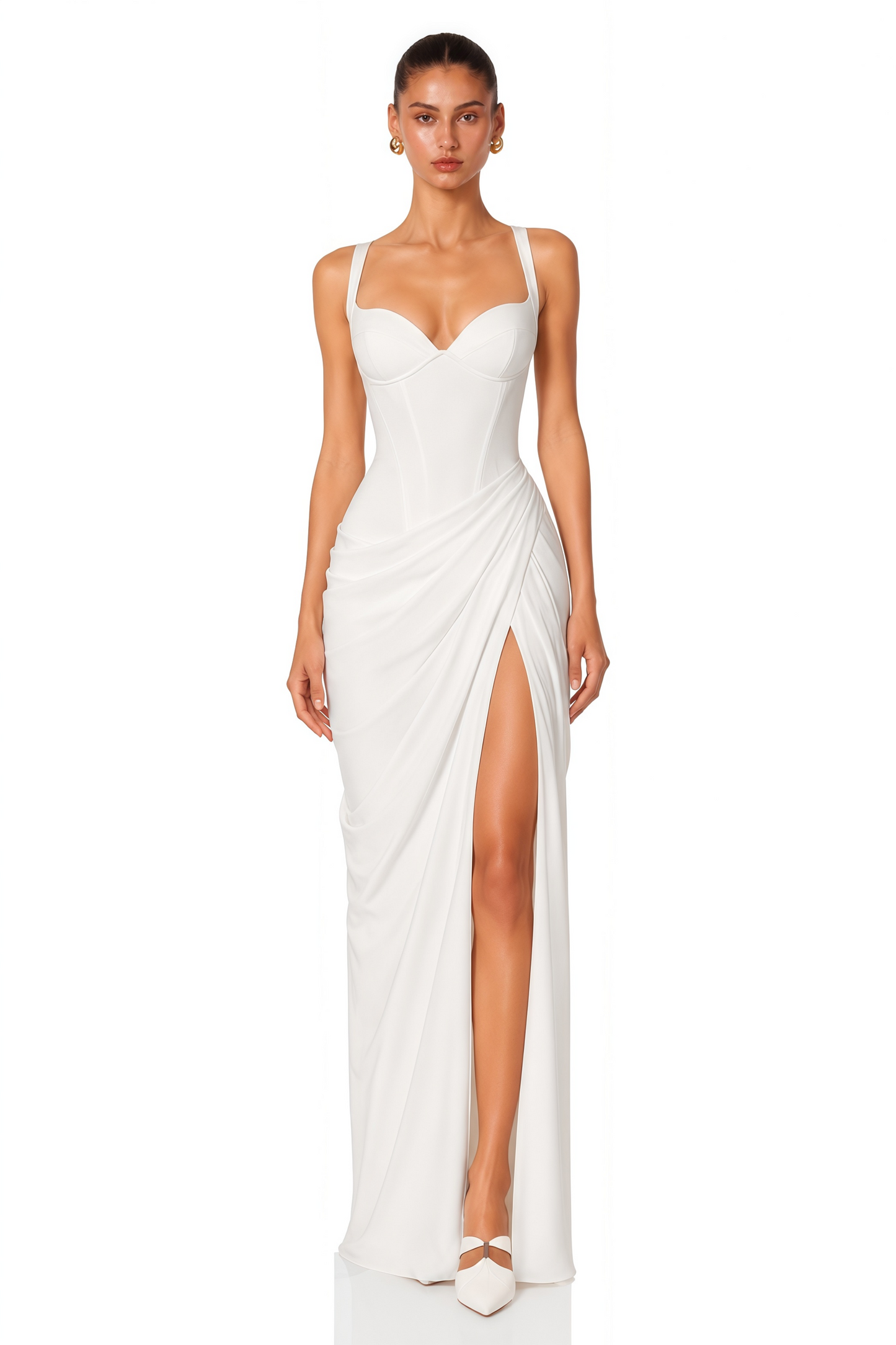 Cordelia White Ruched Bust Maxi Dress with Slit