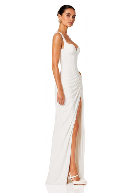 Cordelia White Ruched Bust Maxi Dress with Slit