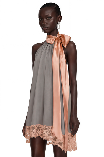 Cornelia Grey Asymmetrical Mini Dress with Bow Detail