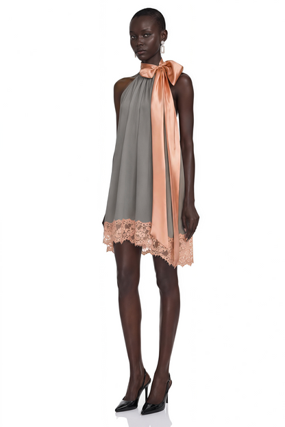 Cornelia Grey Asymmetrical Mini Dress with Bow Detail