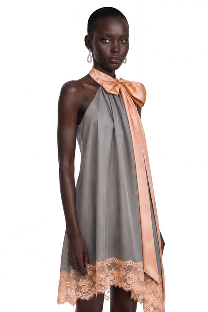 Cornelia Grey Asymmetrical Mini Dress with Bow Detail