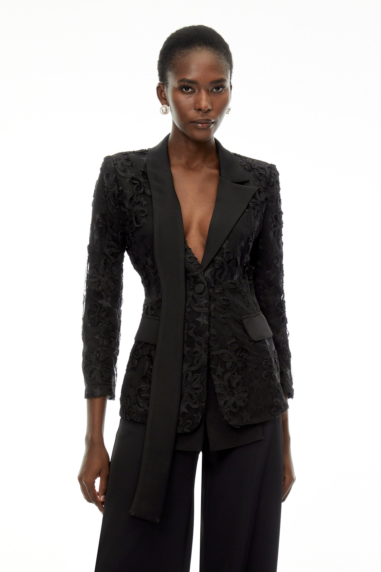 Cosima Black Floral Blazer with Lapel Collar