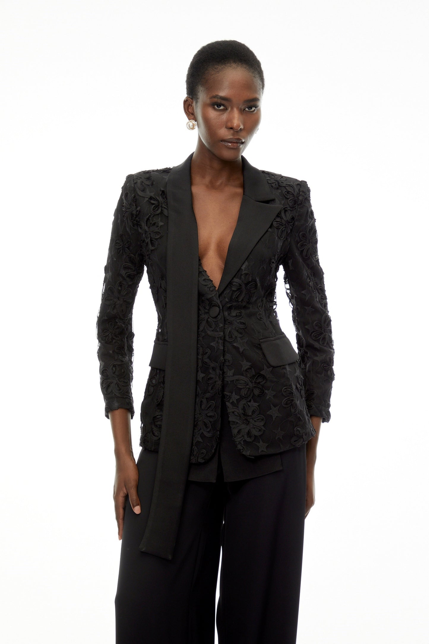 Cosima Black Floral Blazer with Lapel Collar