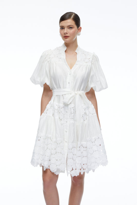 Cosima White Lace Puff Sleeves Mini Dress