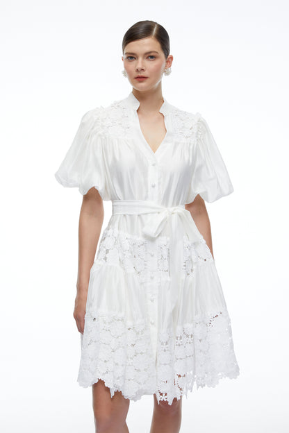 Cosima White Lace Puff Sleeves Mini Dress