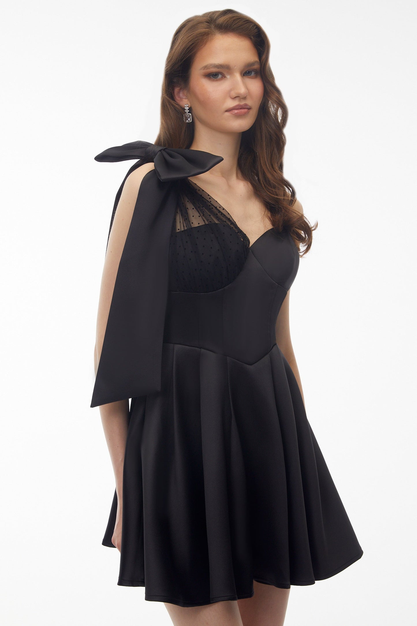 Cressida Black One Shoulder Lace Panel Mini Dress with Bow