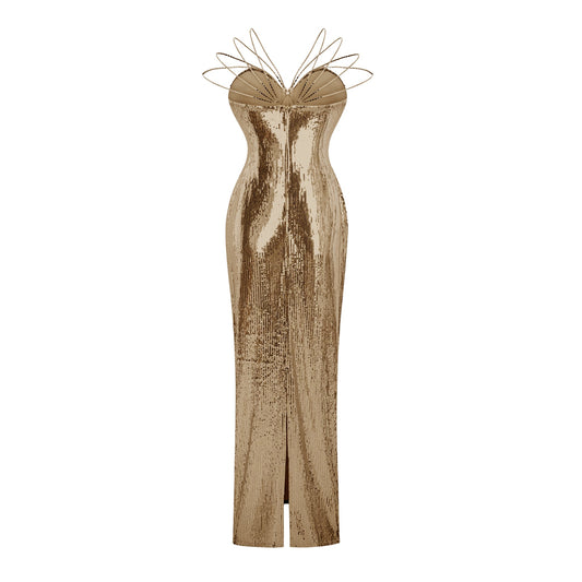 Cressida Gold Sparkly Embellished Maxi Dress