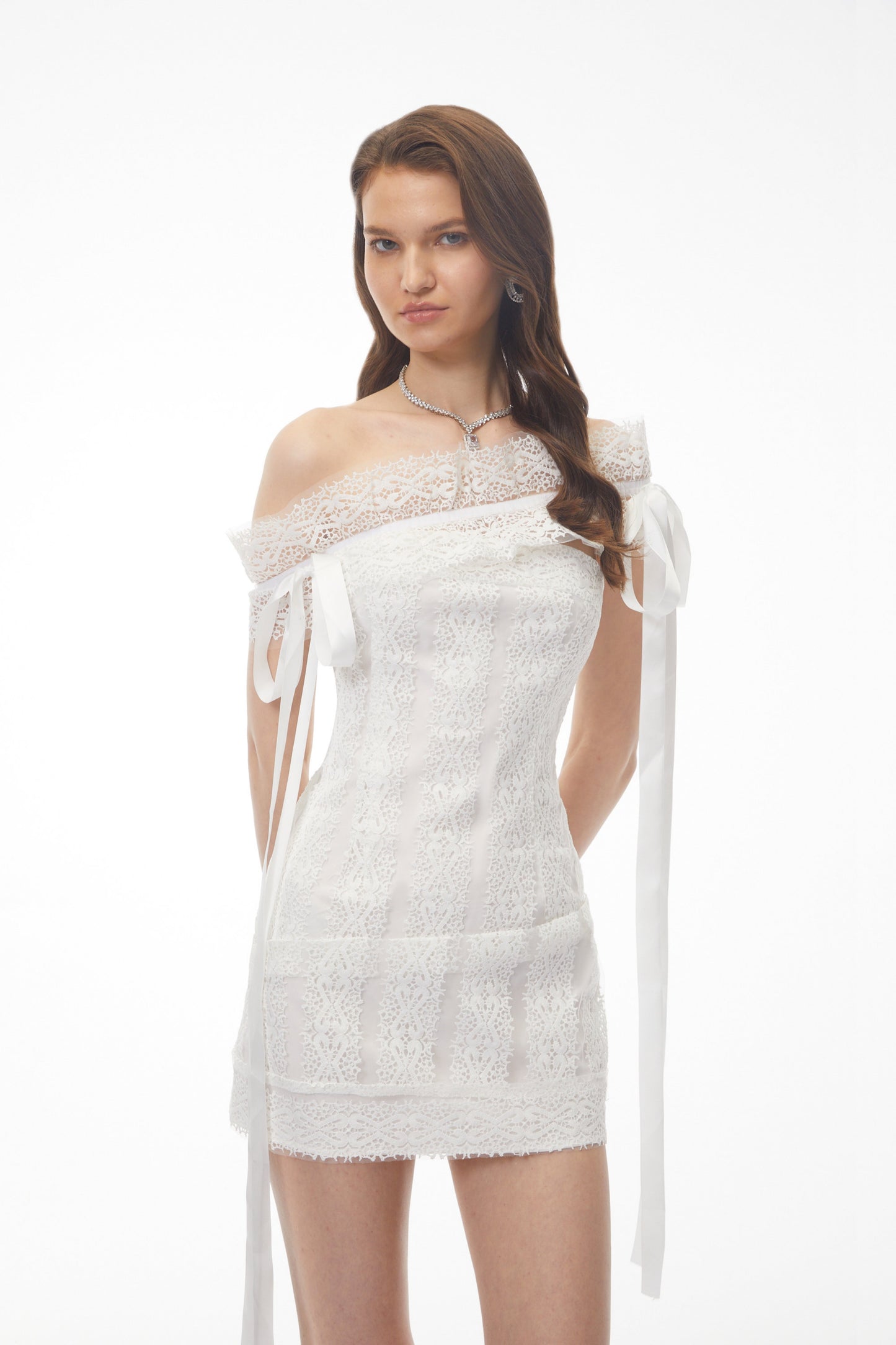 Cressida White One Shoulder Lace Mini Dress with Cut-Outs and Bow