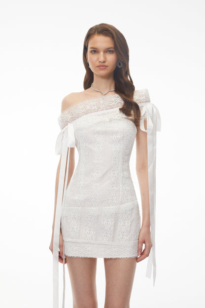 Cressida White One Shoulder Lace Mini Dress with Cut-Outs and Bow