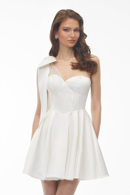 Cressida White One Shoulder Lace Panel Mini Dress with Bow