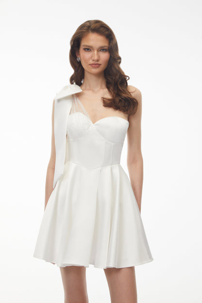Cressida White One Shoulder Lace Panel Mini Dress with Bow