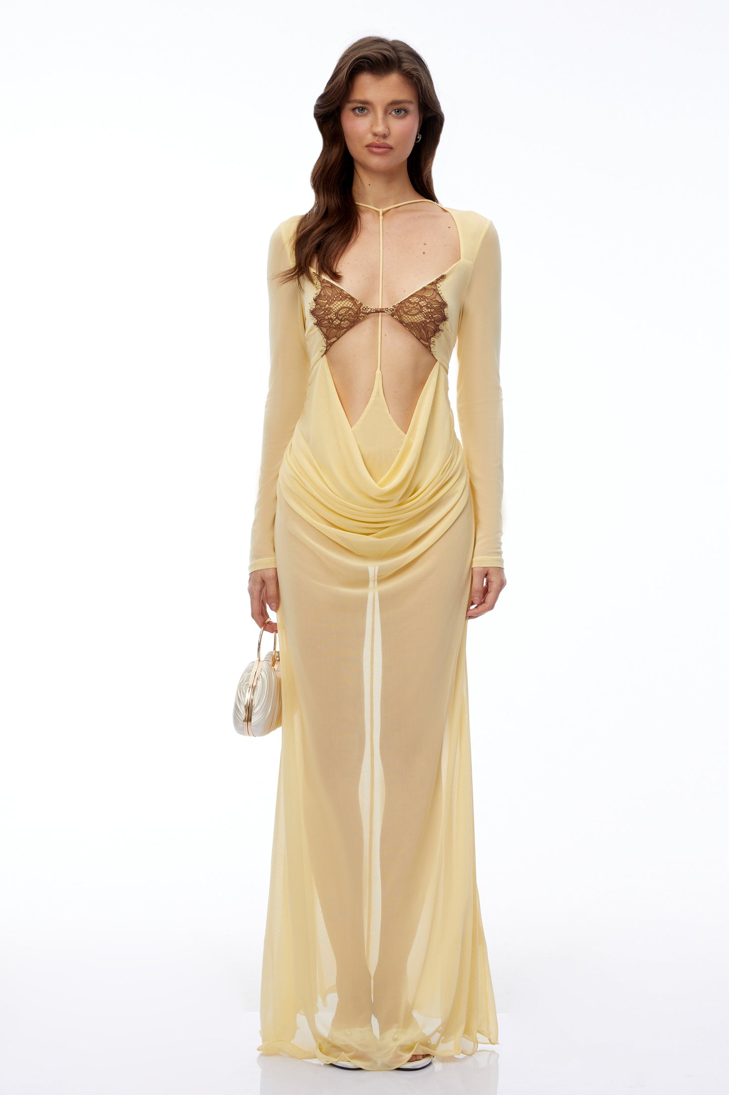 Cressida Yellow Cut-Out Semi-Sheer Fishtail Maxi Dress