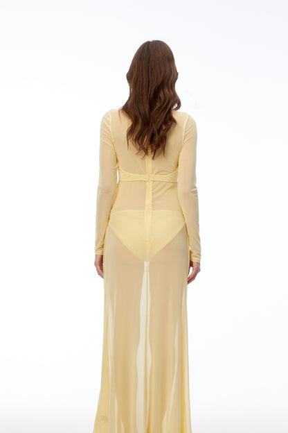 Cressida Yellow Cut-Out Semi-Sheer Fishtail Maxi Dress