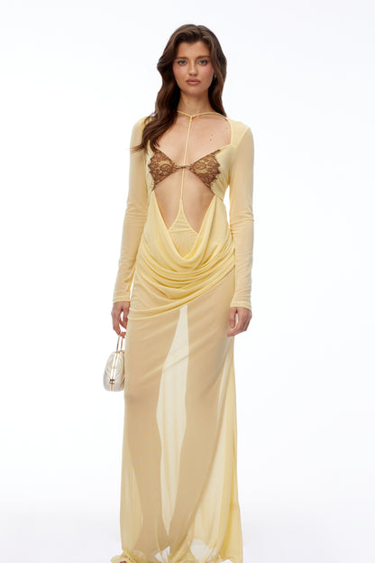 Cressida Yellow Cut-Out Semi-Sheer Fishtail Maxi Dress