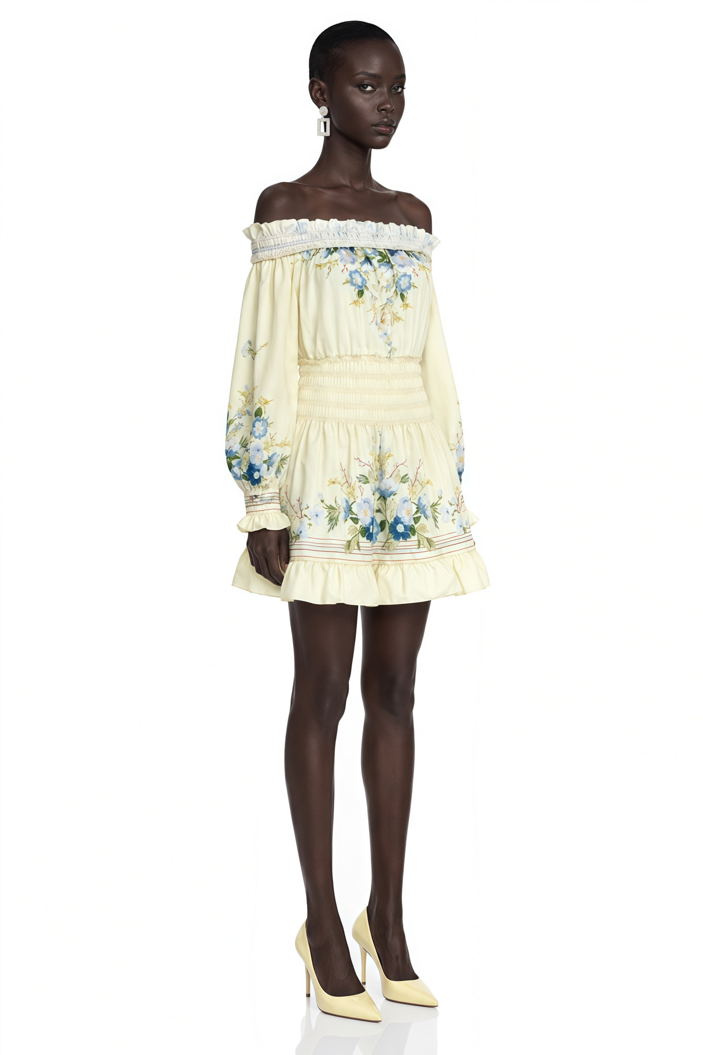 Crystal Yellow Off Shoulder Floral Print Mini Dress