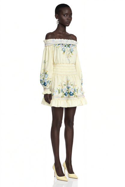 Crystal Yellow Off Shoulder Floral Print Mini Dress