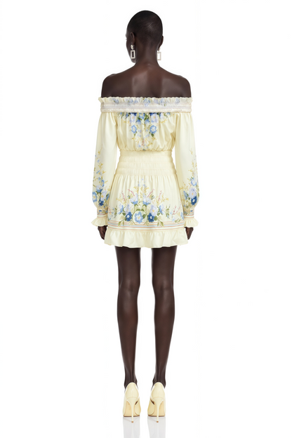 Crystal Yellow Off Shoulder Floral Print Mini Dress